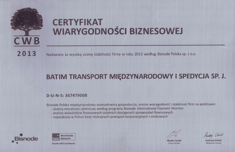 Certyfikat Wiarygodności Biznesowej 2013