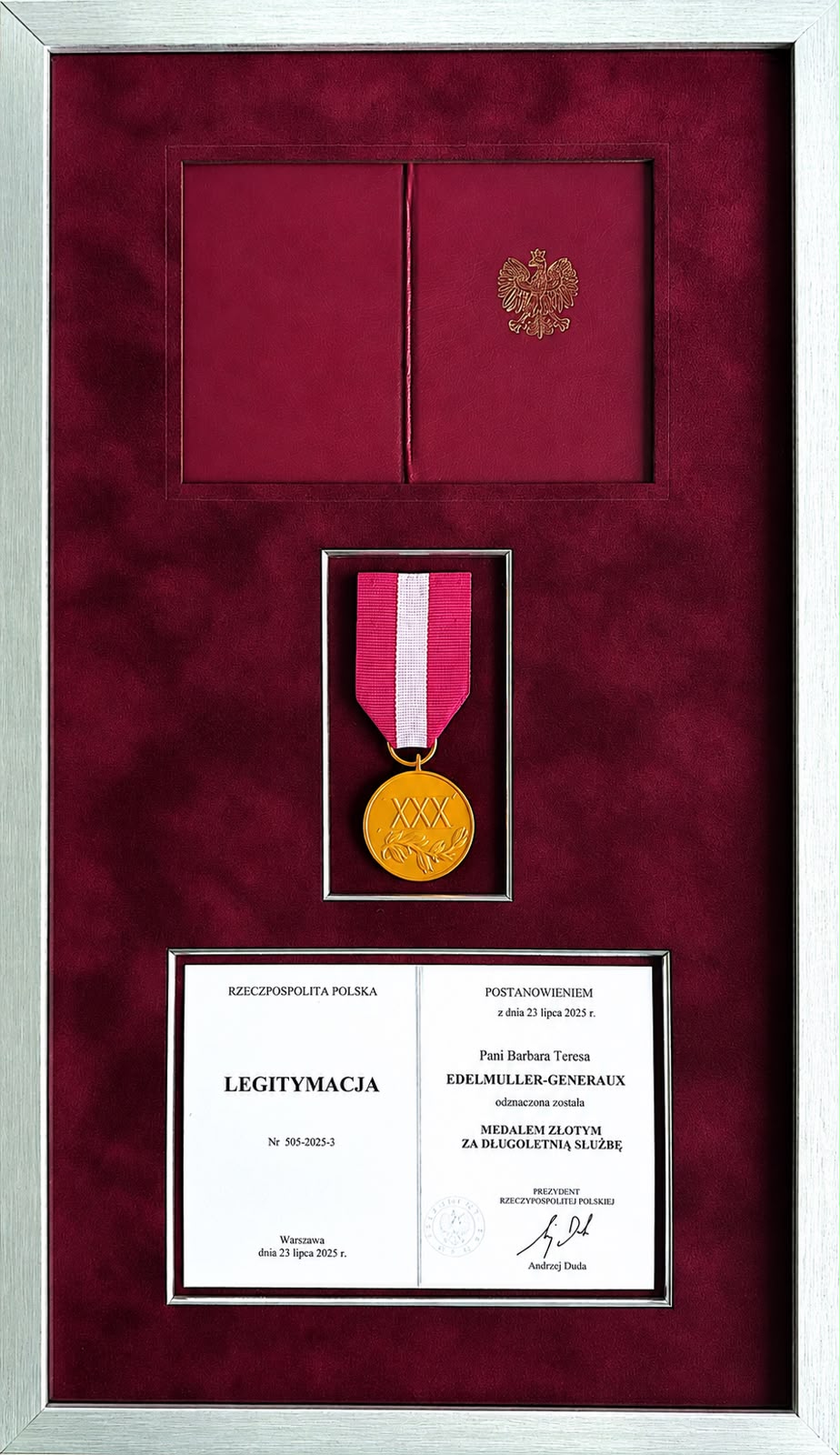 Złoty Medal za Długoletnią Służbę nadany przez Prezydenta RP Andrzeja Dudę 2025